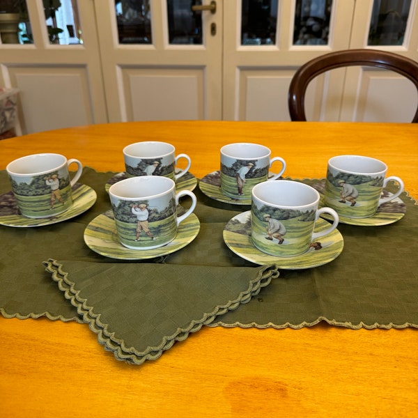 Vintage teaset of 6 cups and saucers with Golf Players. Henriette porcelain design San Marino. Set di 6 tazze con giocatori di golf.