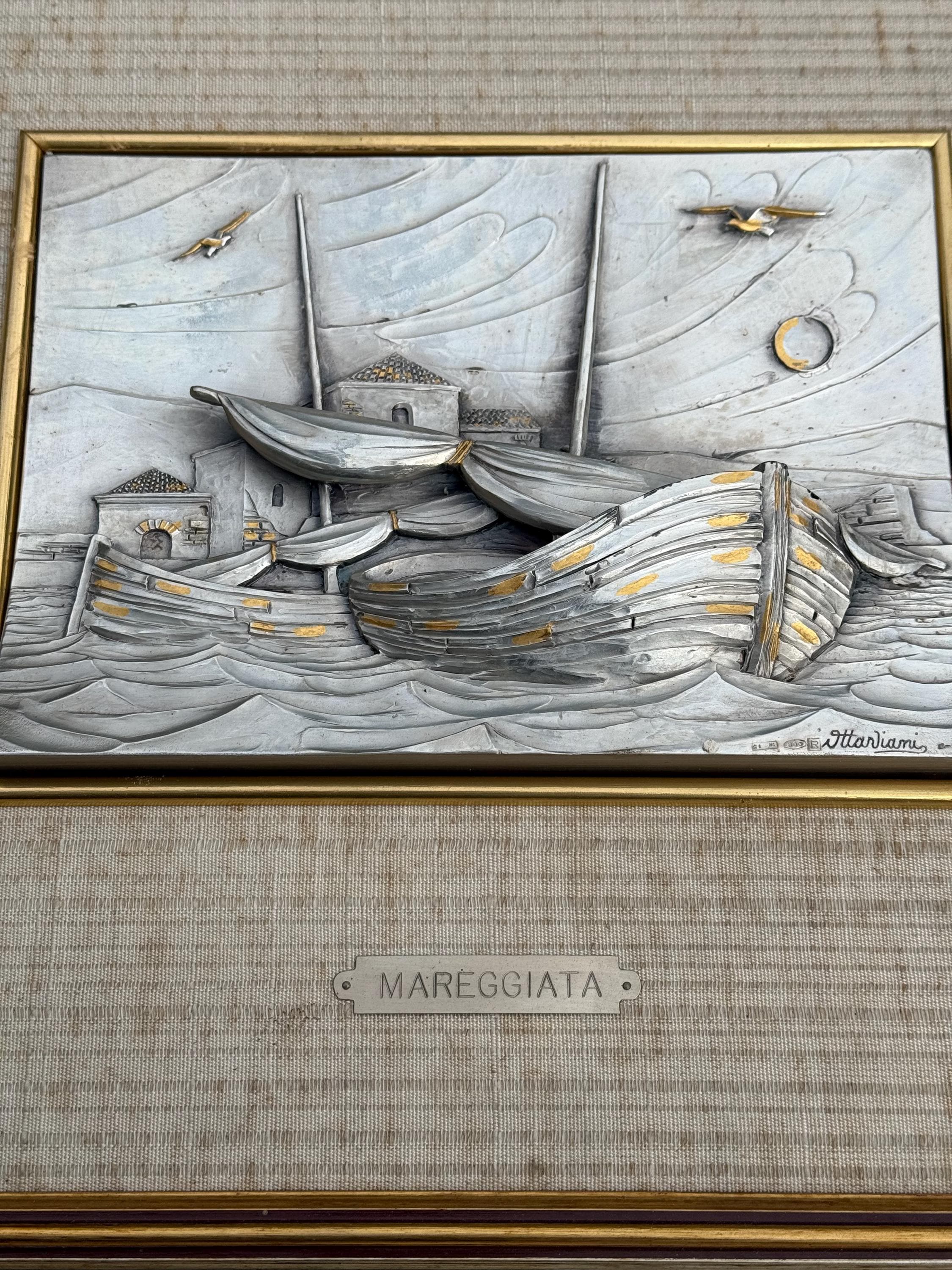 Seascape Art Sterling Silver, Golden Accent Frame. Vintage