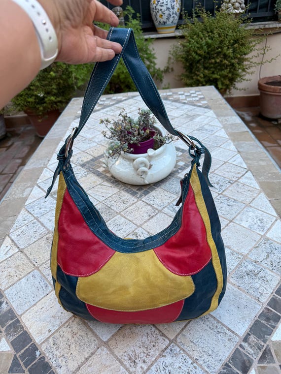 Vintage Usata Bella Borsa Patchwork Blue Rossa E Gialla a Spalla