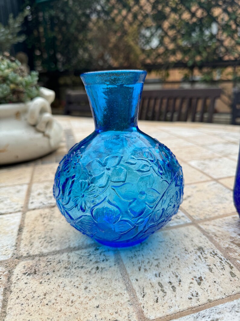 Vintage Blue Pressed Glass Vase With Embossed Flowers. Small Vase