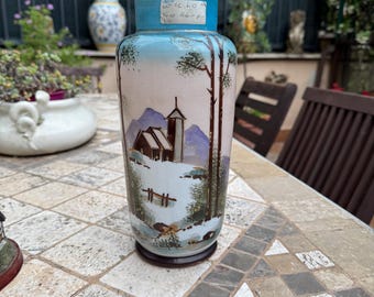 Vaso opaline dipinto primi '900, Italia, Paesaggio con alberi.