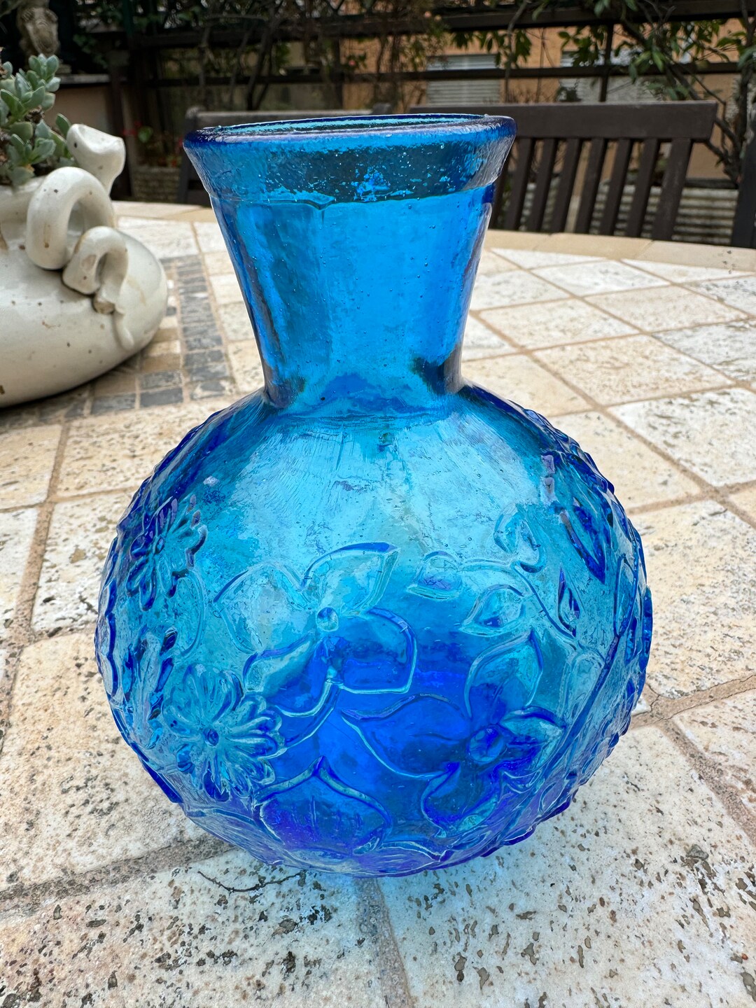Vintage Blue Pressed Glass Vase With Embossed Flowers. Small Vase