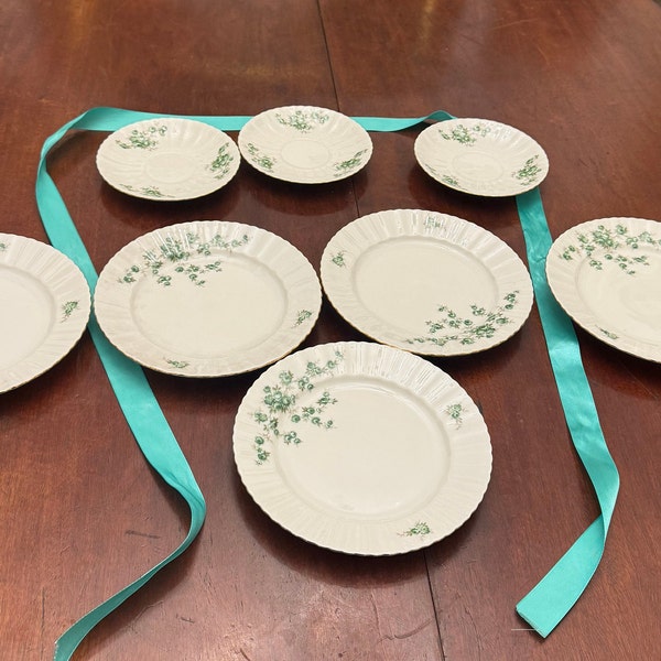 VTG 8 porcelain plates Seltman Weiden Bavaria for Royal China white with green flowers. 3 saucers and 5 cake plates. Piatti bianchi e verdi