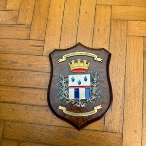 May include: A wooden shield-shaped plaque with a crest. The crest features a crown, a shield with a blue and white design, and the text "CORPO DI POLIZIA PENITENZIARIA" and "DESPERAVIMUS SPEMUNUS NOSTRUM".