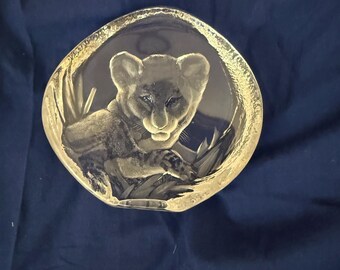 Vintage Mats Jonasson Lead Crystal Lion Paperweight, Signed