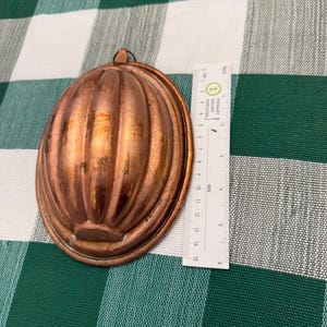 May include: A copper-colored, antique jelly mold with a ribbed design. The mold is oval-shaped, approximately 5 inches long, and has a small loop for hanging. It sits on a green and white checkered tablecloth.