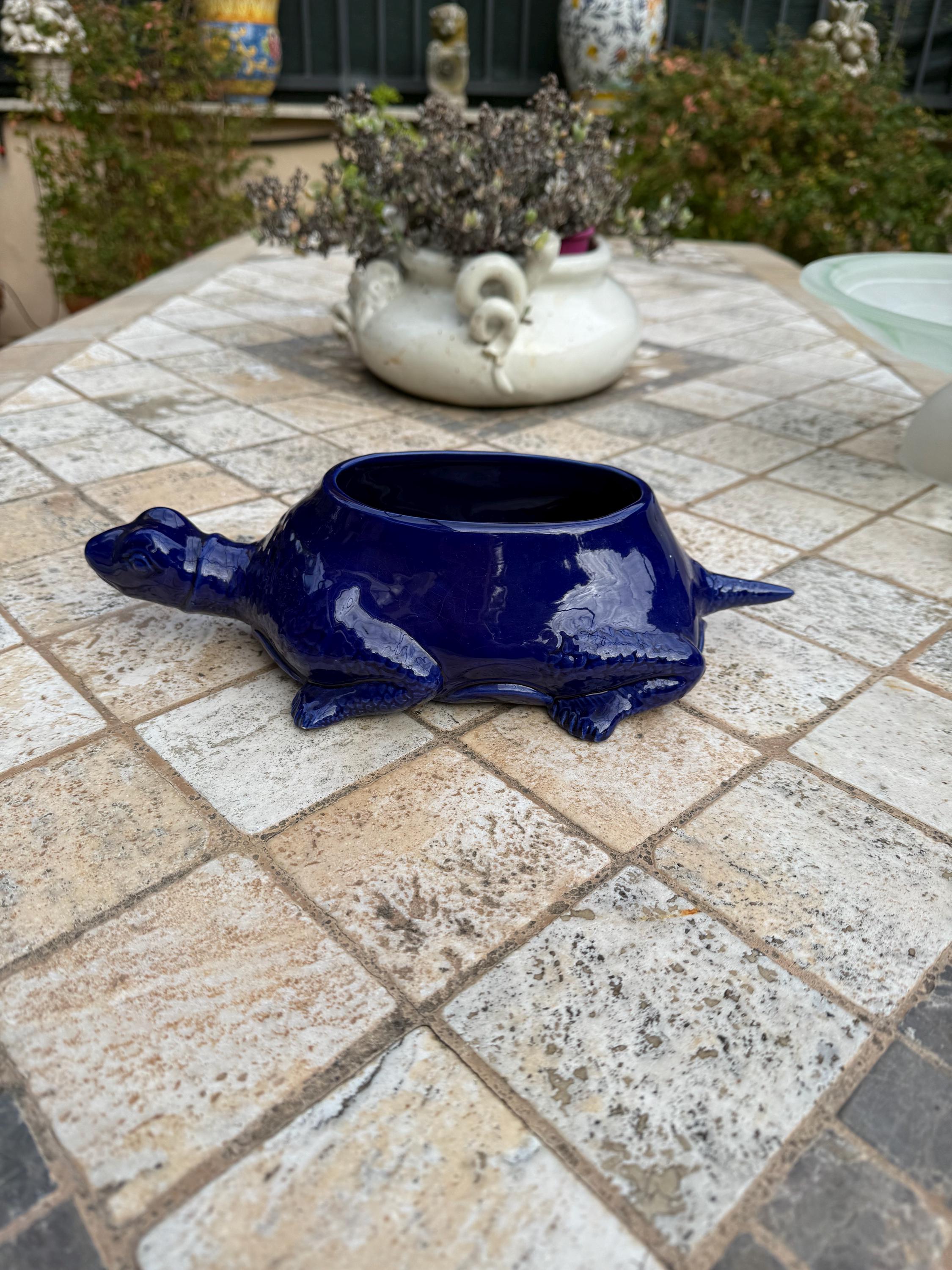 Vintage portapiante portaoggetti a forma di tartaruga blu Ceramica Este