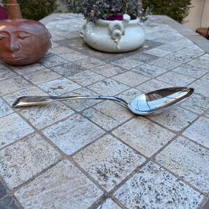 May include: A silver serving spoon with a long handle and a wide, oval bowl. The spoon is lying on a tiled surface.