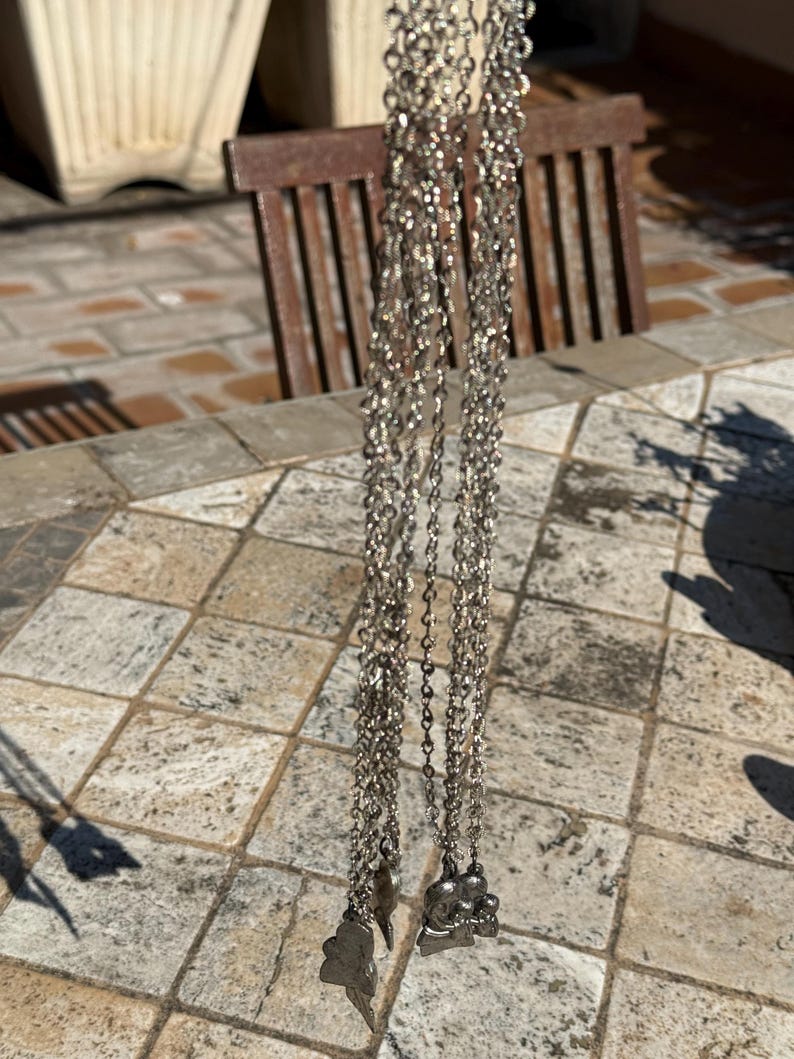 May include: Silver-toned necklaces with delicate chain links and decorative pendants. One pendant features a leaf design, while the other showcases a cluster of small, round shapes. The necklaces hang against a neutral background.