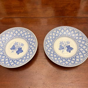 May include: Two blue and white ceramic saucers with a floral design in the center. The saucers have a geometric pattern around the edge.