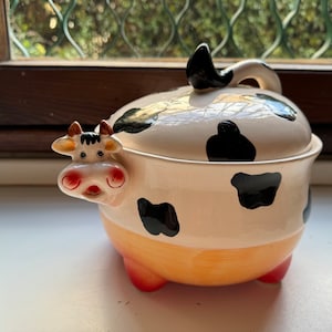 Vintage Grande Biscottiera di ceramica a forma di mucca, mucca a colazione, Cookie Jar cow, smiling cow cookie jar, vintage cow cookie jar