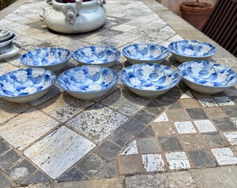 Set of 8 Arita Porcelain Japanese Bowls, Hydrangea Pattern, Blue Pink