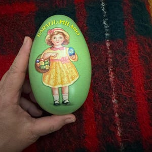 Vintage Uovo di Pasqua scatola per cioccolatini Baratti & Milano di metallo apribile. Portaregalo per Pasqua Tin Litho Egg Box