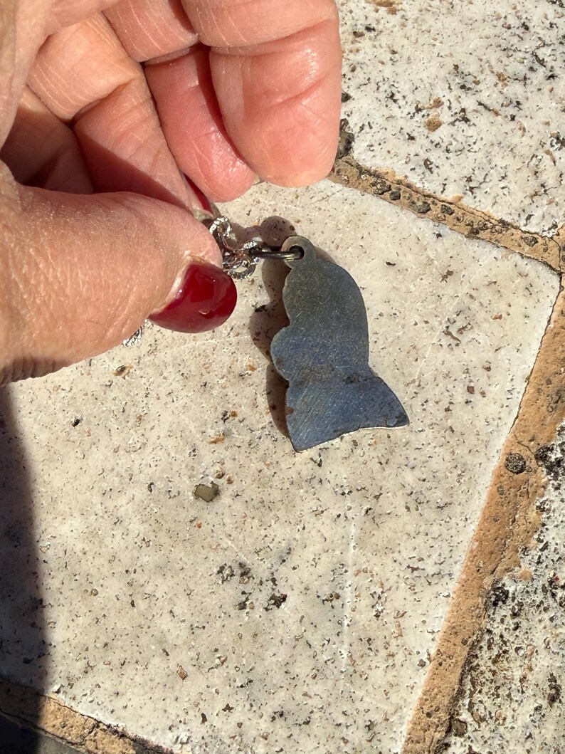 May include: A silver necklace with a pendant in the shape of a fish. The pendant is a muted blue-grey color. The necklace is held by a hand with red nail polish against a textured, light-colored surface.