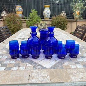 Vintage set di bicchieri e decanter blue cobalto, 2 decanter, 6 acqua, 6 vino più barattolo Bormioli Rocco