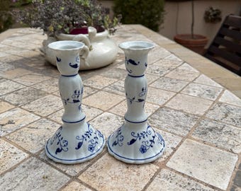 Vintage Blue Onion Porcelain Candleholders, Thailand