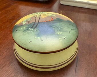 Vintage quasi antica scatola da toletta di vetro smerigliato opaline con coperchio dipinto 1930