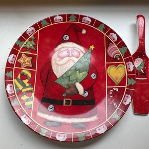 Fun cute vintage Christmas serving platter with pie server. For a happy Christmas with children. Ceramic platter and server.