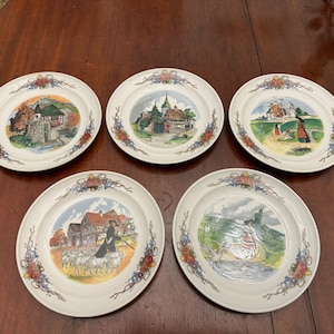 Set di piatti vintage Sarreguemines con motivo Obernoi di H. Loux. Piatti Sarreguemines con disegno Obernoi di H. Loux