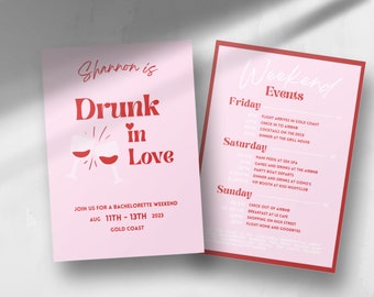 Drunk In Love Bachelorette Party Invitation and Itinerary Template | Hens Party Weekend Invitation | Pink And Red Theme Invite