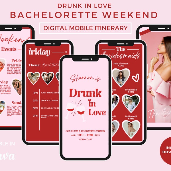 Drunk In Love Bachelorette Mobile Itinerary | Digital Bachelorette Weekend Itinerary | Hens Party Editable Canva Template | Mobile Invite