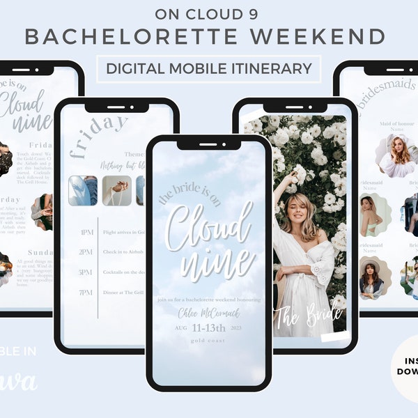 On Cloud Nine Bachelorette Mobile Itinerary | Digital Bachelorette Weekend Itinerary | Hens Party Editable Canva Template | Mobile Invite