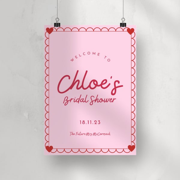 HEART Bridal Shower Welcome Sign | Pink & Red Themed Bridal Shower Signage | Editable Design Template | Wavy Border | Digital Download