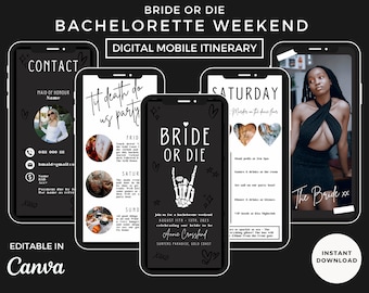 Bride or Die Bachelorette Mobile Itinerary | Digital Bachelorette Weekend Itinerary | Hens Party Editable Canva Template | Mobile Invite