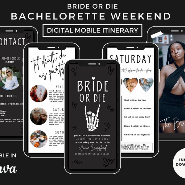 Bride or Die Bachelorette Mobile Itinerary | Digital Bachelorette Weekend Itinerary | Hens Party Editable Canva Template | Mobile Invite