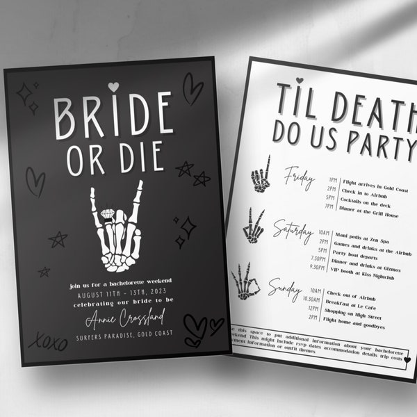 Bride or Die Bachelorette Party Invitation and Itinerary Template | Hens Party Weekend Invitation | Til Death Do Us Party Invite