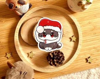 Christmas Cat Sticker – Cute Santa Hat Kitty – Kawaii Holiday Vinyl Sticker for Laptop or Journal