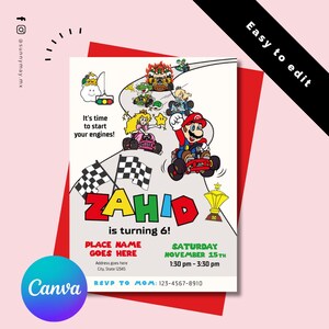 マリオカート レトロ招待状 | スーパーマリオブラザーズ 誕生日 | マリオ ピーチ ルイージ キノピオ 招待状 | 車 カート ピット レーシング | Canva 編集可能