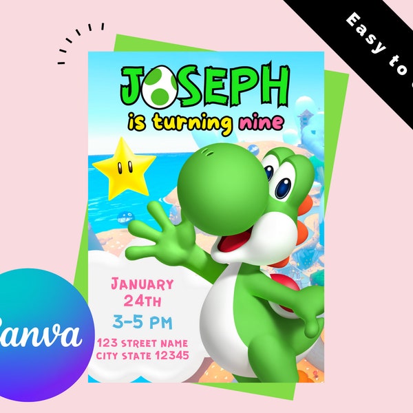 Yoshi Island Mario Bros Invitation | Mario Bros Birthday | Yoshi Green Invitation For Boys and Girls | Canva Editable Printable Invite