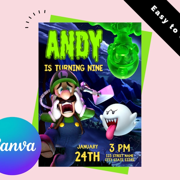 Luigi's Mansion Digitale Einladung | Luigi Mario Bros Geburtstag lädt | Grüne Spooky Invite | Canva Editierbare Digital druckbare Einladung