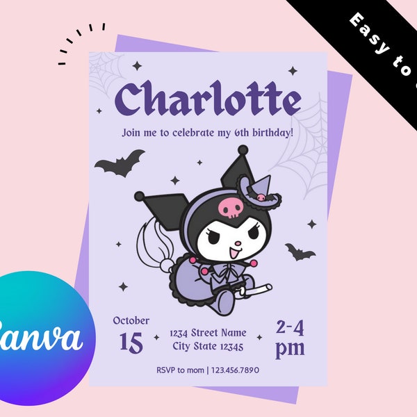 Kawaii Bad Kitty Halloween Invitation | Cute Birthday Invite | Spooky Digital Invitation | Canva Editable Template