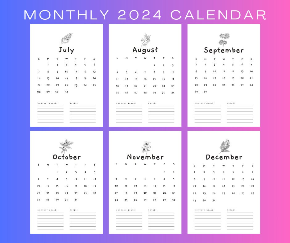 2024 Monthly Calendar Printable, 12 Month Calendar Pages, A4 Monthly Calendar Template, Wall