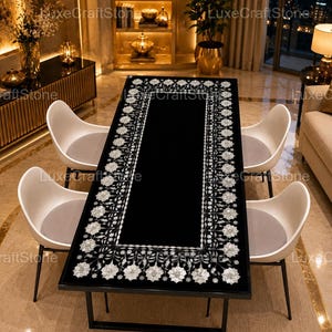 Black Marble Inlay Dining Table, Mother of Pearl Floral Dining Table, Handmade Luxury Rectangle Table
