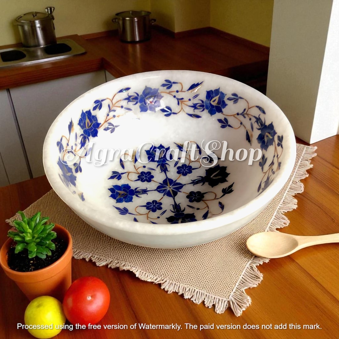 白大理石のフルーツボウル：ラピスラズリの象嵌細工、手作りのキッチン