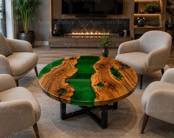 Table basse ronde en résine époxy verte, table en bois massif avec bords naturels, table basse moderne artisanale, table basse de luxe en bois, meuble en résine sur mesure