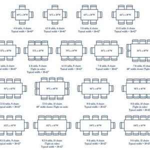 May include: A diagram illustrating various rectangular dining table sizes ranging from 4 feet to 9 feet in length, paired with corresponding chair counts and typical widths in inches, including labels like 48" L x 38" W and 108" L x 40" W.