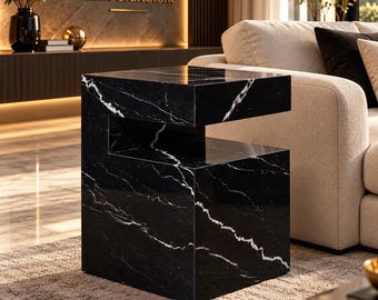 Nero Marquina Stone Nightstand, Black and White Marble Bedside Table, Unique Modern Furniture