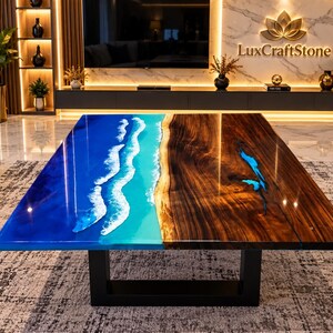 Ocean Wave Epoxy Rectangle Dining Table, Solid Wood Resin River Coastal Table, Unique handmade Furniture Interior Decor