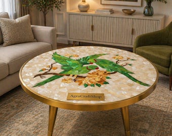 Marble Inlay Parrot Table, Mother of Pearl Round Coffee Table, Handmade Luxury Stone Furniture, Designer Living Room Decor