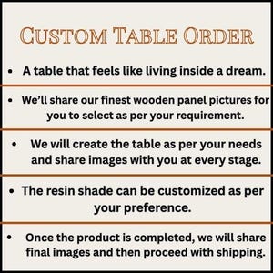 Peut inclure: Un graphique informatif beige intitul&eacute; Custom Table Order. Il pr&eacute;sente cinq points concernant le processus de commande d'une table personnalis&eacute;e, incluant le choix des panneaux en bois, les mises &agrave; jour, les teintes de r&eacute;sine et l'exp&eacute;dition.