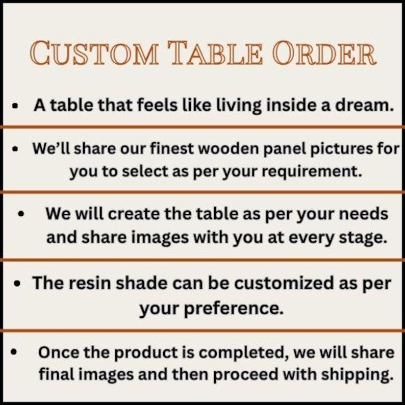 Peut inclure: Un graphique informatif beige intitul&eacute; Custom Table Order. Il pr&eacute;sente cinq points concernant le processus de commande d'une table personnalis&eacute;e, incluant le choix des panneaux en bois, les mises &agrave; jour, les teintes de r&eacute;sine et l'exp&eacute;dition.