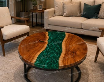 Table basse ronde en résine époxy verte, table rivière artisanale en bois massif, table d'appoint luxueuse en résine émeraude, table basse moderne