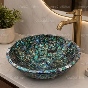 Abalone Shell Round Vessel Sink | Handmade Mother of Pearl Bathroom Basin | Luxury Countertop Sink
