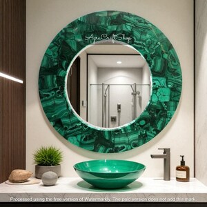malachite stone round wall hanging mirror / premium modern look with green high quality gemstone / elegant glass resorts & bathroom decors