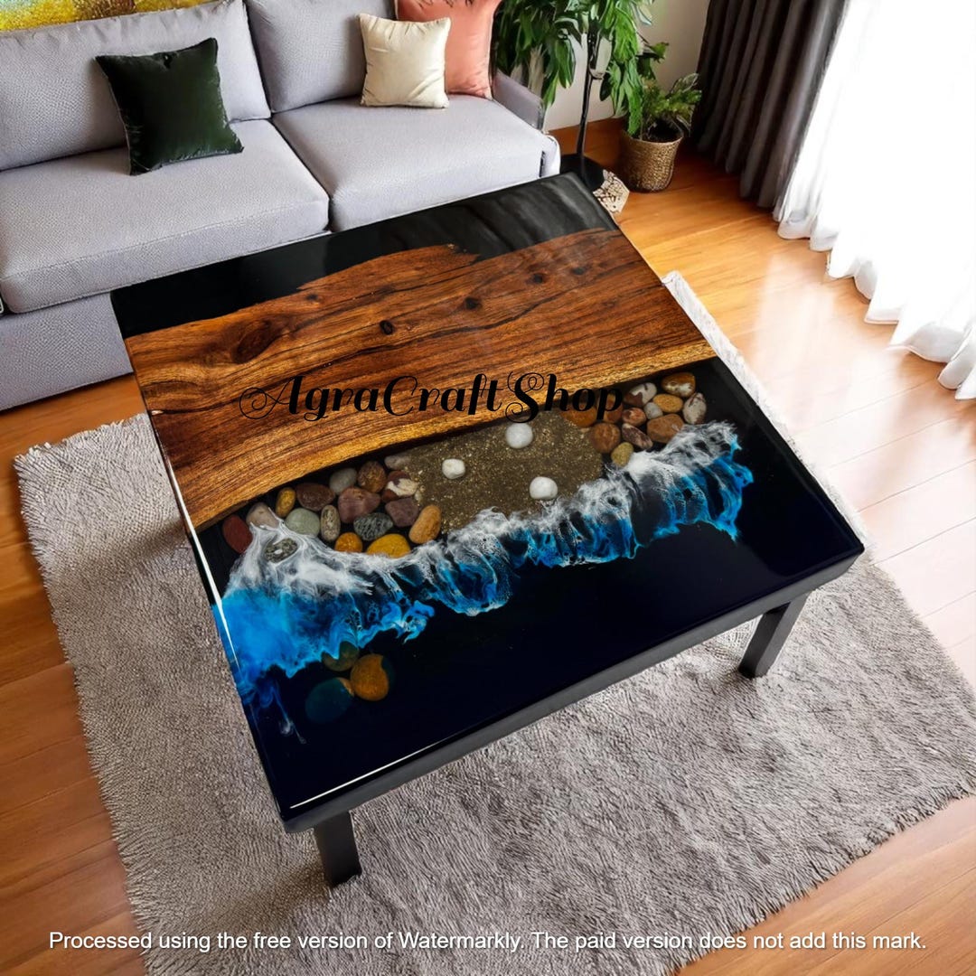 Ocean Wave Epoxy Resin Coffee End Dine Tabletop Natural Acacia Wood ...