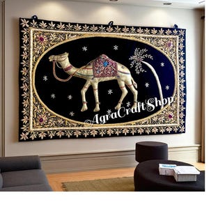 Zardozi Camel Embroidery Wall Tapestry: Jewel Carpet Art, Velvet Decor